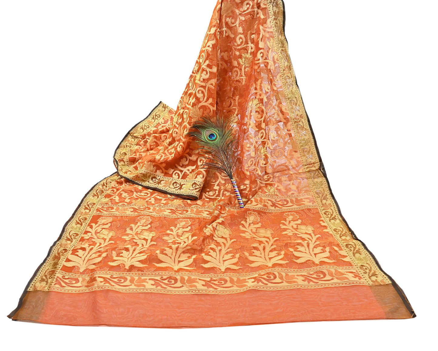 Indian Vintage Sari Orange Artificial Silk Hand Woven Sarees 5yd Ethnic Floral Craft Fabric Sewing Wedding Sarees Dress making Crafting