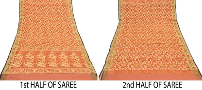 Indian Vintage Sari Orange Artificial Silk Hand Woven Sarees 5yd Ethnic Floral Craft Fabric Sewing Wedding Sarees Dress making Crafting