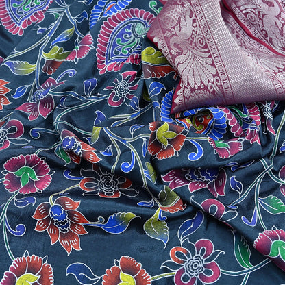 Indian Vintage Sari Gray & Red Hand Painted Sarees Pure Cotton Craft Fabric 5Yd Floral Soft Dress Making Zari Border Crafting Quilting