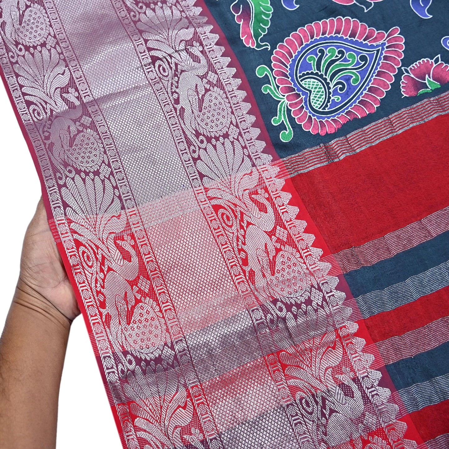 Indian Vintage Sari Gray & Red Hand Painted Sarees Pure Cotton Craft Fabric 5Yd Floral Soft Dress Making Zari Border Crafting Quilting