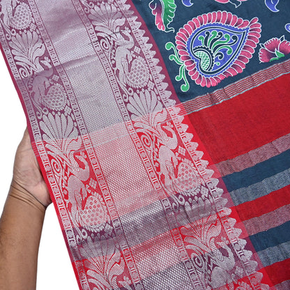 Indian Vintage Sari Gray & Red Hand Painted Sarees Pure Cotton Craft Fabric 5Yd Floral Soft Dress Making Zari Border Crafting Quilting