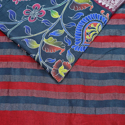 Indian Vintage Sari Gray & Red Hand Painted Sarees Pure Cotton Craft Fabric 5Yd Floral Soft Dress Making Zari Border Crafting Quilting