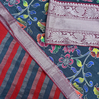 Indian Vintage Sari Gray & Red Hand Painted Sarees Pure Cotton Craft Fabric 5Yd Floral Soft Dress Making Zari Border Crafting Quilting