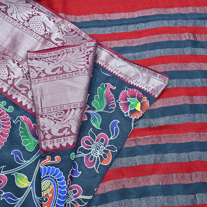 Indian Vintage Sari Gray & Red Hand Painted Sarees Pure Cotton Craft Fabric 5Yd Floral Soft Dress Making Zari Border Crafting Quilting