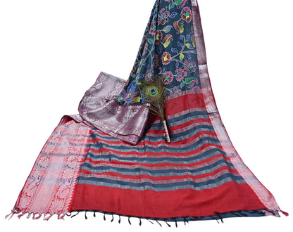 Indian Vintage Sari Gray & Red Hand Painted Sarees Pure Cotton Craft Fabric 5Yd Floral Soft Dress Making Zari Border Crafting Quilting