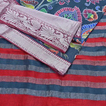 Indian Vintage Sari Gray & Red Hand Painted Sarees Pure Cotton Craft Fabric 5Yd Floral Soft Dress Making Zari Border Crafting Quilting