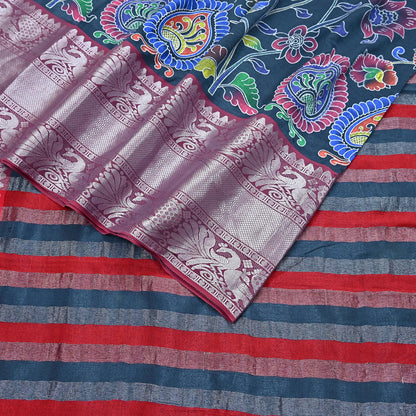 Indian Vintage Sari Gray & Red Hand Painted Sarees Pure Cotton Craft Fabric 5Yd Floral Soft Dress Making Zari Border Crafting Quilting
