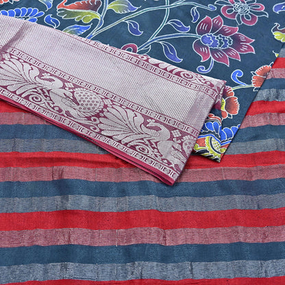 Indian Vintage Sari Gray & Red Hand Painted Sarees Pure Cotton Craft Fabric 5Yd Floral Soft Dress Making Zari Border Crafting Quilting