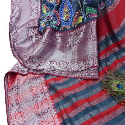 Indian Vintage Sari Gray & Red Hand Painted Sarees Pure Cotton Craft Fabric 5Yd Floral Soft Dress Making Zari Border Crafting Quilting