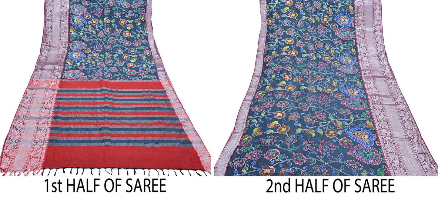 Indian Vintage Sari Gray & Red Hand Painted Sarees Pure Cotton Craft Fabric 5Yd Floral Soft Dress Making Zari Border Crafting Quilting