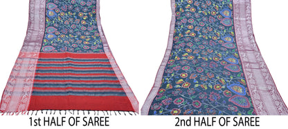 Indian Vintage Sari Gray & Red Hand Painted Sarees Pure Cotton Craft Fabric 5Yd Floral Soft Dress Making Zari Border Crafting Quilting