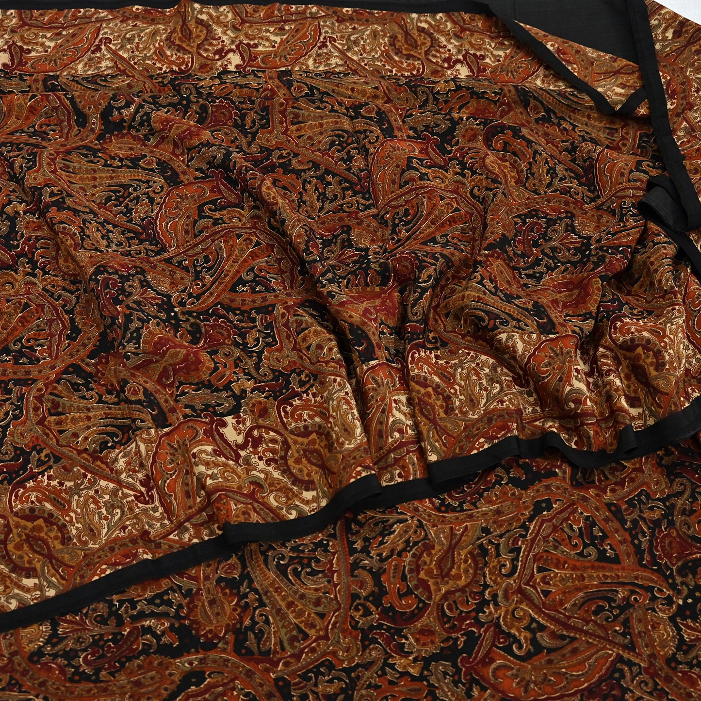 Indian Vintage Beige & Black Pure Crepe Silk Saree Floral Block Print 6 Yards Soft Sewing Fabric for Dressmaking, Quilting, Crafting