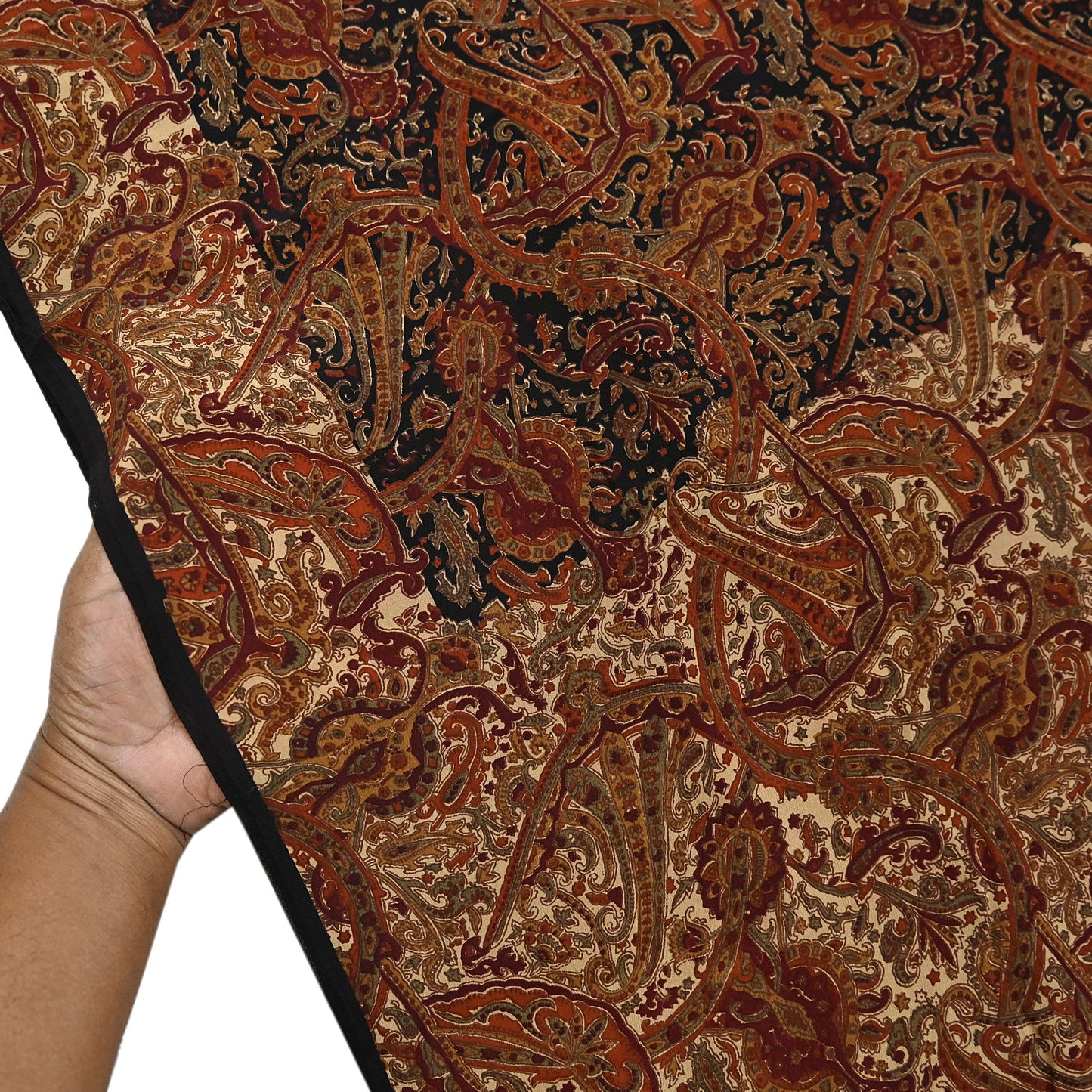 Indian Vintage Beige & Black Pure Crepe Silk Saree Floral Block Print 6 Yards Soft Sewing Fabric for Dressmaking, Quilting, Crafting