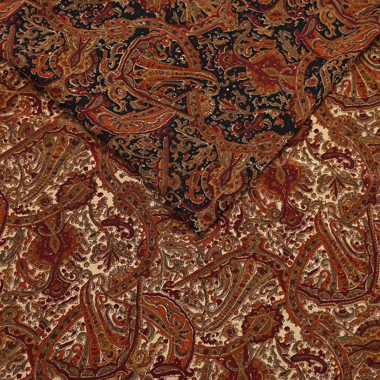 Indian Vintage Beige & Black Pure Crepe Silk Saree Floral Block Print 6 Yards Soft Sewing Fabric for Dressmaking, Quilting, Crafting