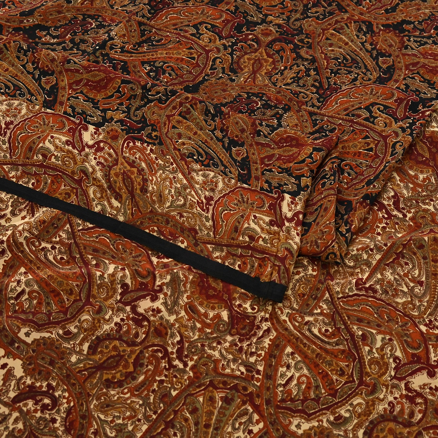 Indian Vintage Beige & Black Pure Crepe Silk Saree Floral Block Print 6 Yards Soft Sewing Fabric for Dressmaking, Quilting, Crafting