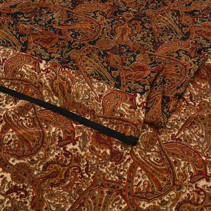 Indian Vintage Beige & Black Pure Crepe Silk Saree Floral Block Print 6 Yards Soft Sewing Fabric for Dressmaking, Quilting, Crafting