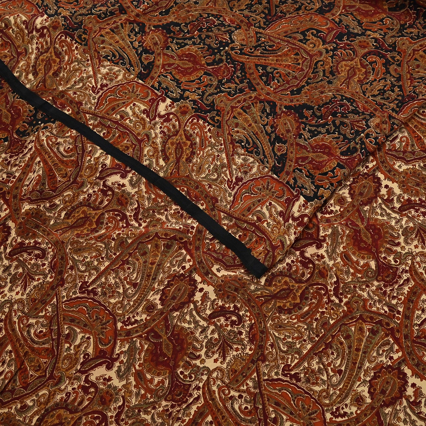 Indian Vintage Beige & Black Pure Crepe Silk Saree Floral Block Print 6 Yards Soft Sewing Fabric for Dressmaking, Quilting, Crafting