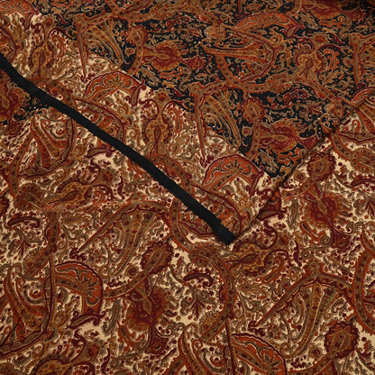 Indian Vintage Beige & Black Pure Crepe Silk Saree Floral Block Print 6 Yards Soft Sewing Fabric for Dressmaking, Quilting, Crafting