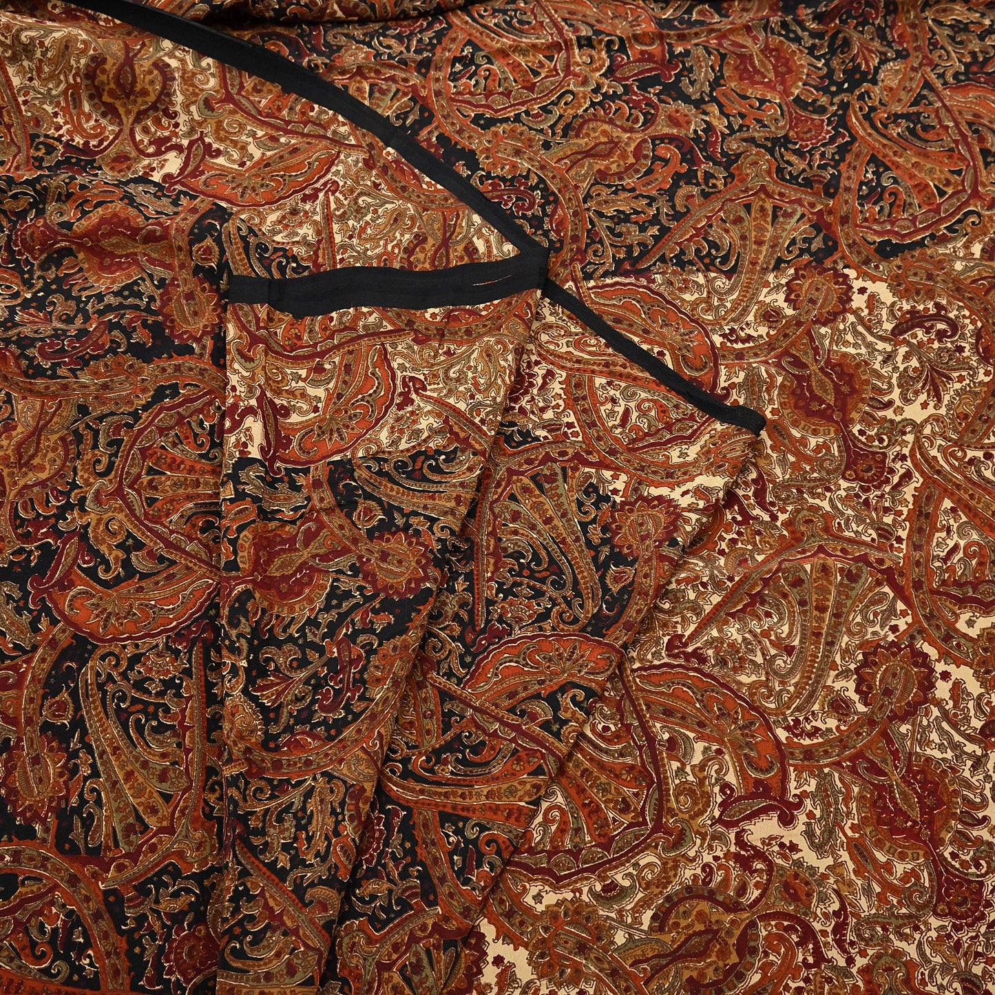 Indian Vintage Beige & Black Pure Crepe Silk Saree Floral Block Print 6 Yards Soft Sewing Fabric for Dressmaking, Quilting, Crafting