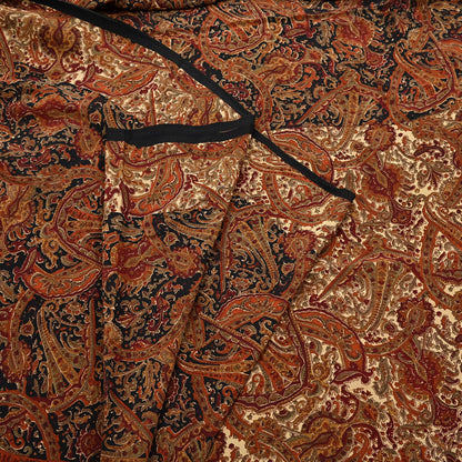 Indian Vintage Beige & Black Pure Crepe Silk Saree Floral Block Print 6 Yards Soft Sewing Fabric for Dressmaking, Quilting, Crafting