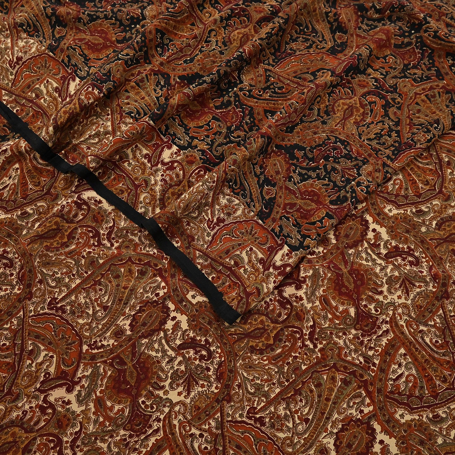 Indian Vintage Beige & Black Pure Crepe Silk Saree Floral Block Print 6 Yards Soft Sewing Fabric for Dressmaking, Quilting, Crafting