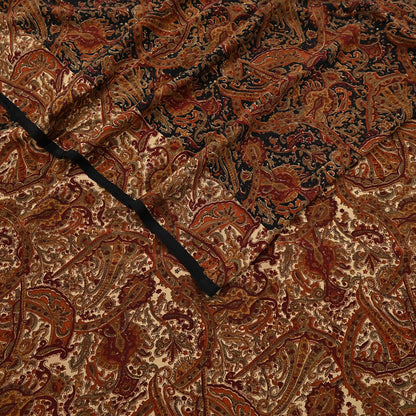 Indian Vintage Beige & Black Pure Crepe Silk Saree Floral Block Print 6 Yards Soft Sewing Fabric for Dressmaking, Quilting, Crafting