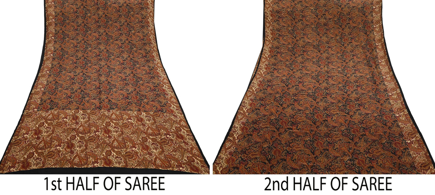 Indian Vintage Beige & Black Pure Crepe Silk Saree Floral Block Print 6 Yards Soft Sewing Fabric for Dressmaking, Quilting, Crafting