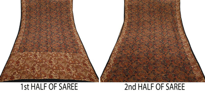 Indian Vintage Beige & Black Pure Crepe Silk Saree Floral Block Print 6 Yards Soft Sewing Fabric for Dressmaking, Quilting, Crafting