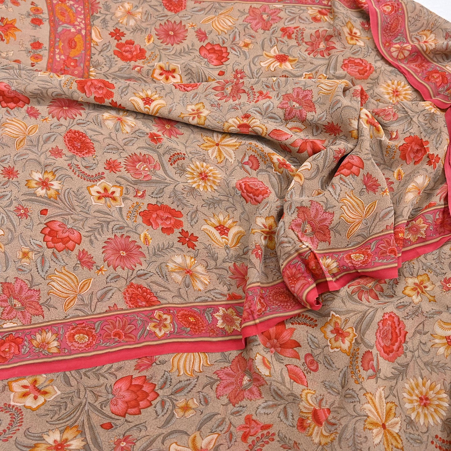 Indian Vintage Sari Brown & Pink Pure Georgette Silk Printed Saree Craft Fabric Sewing 5Yd Soft Light Dress Making Crafting Quilting Upcycle