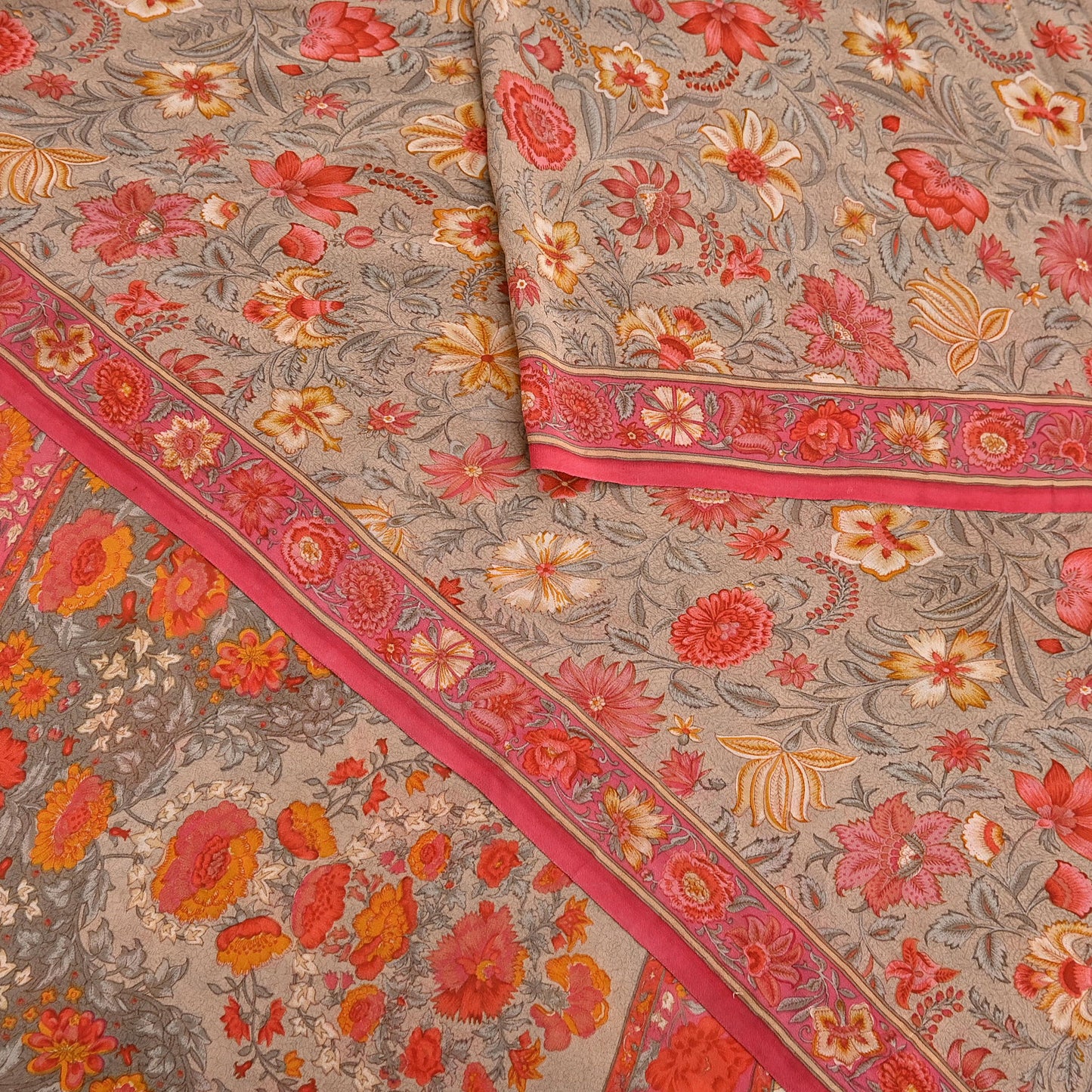 Indian Vintage Sari Brown & Pink Pure Georgette Silk Printed Saree Craft Fabric Sewing 5Yd Soft Light Dress Making Crafting Quilting Upcycle