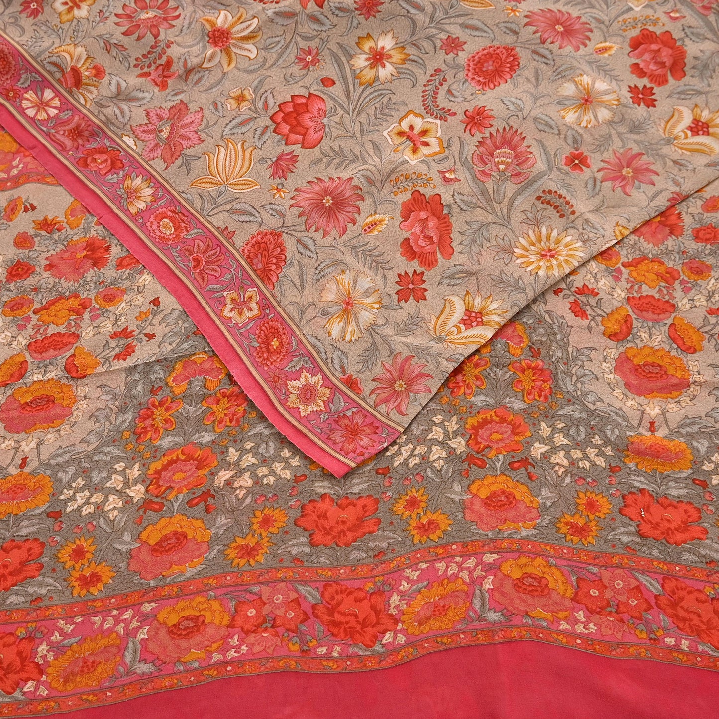 Indian Vintage Sari Brown & Pink Pure Georgette Silk Printed Saree Craft Fabric Sewing 5Yd Soft Light Dress Making Crafting Quilting Upcycle