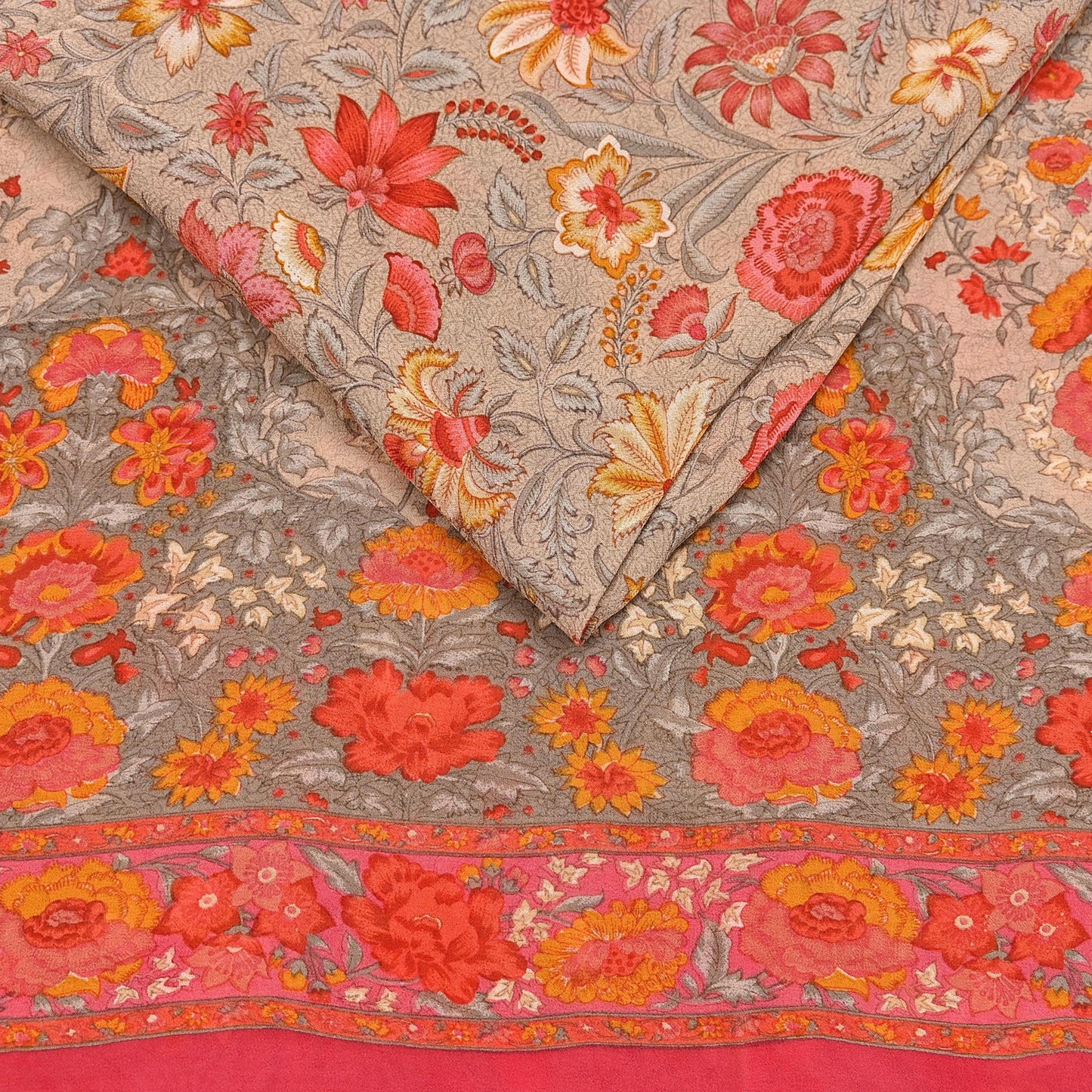 Indian Vintage Sari Brown & Pink Pure Georgette Silk Printed Saree Craft Fabric Sewing 5Yd Soft Light Dress Making Crafting Quilting Upcycle