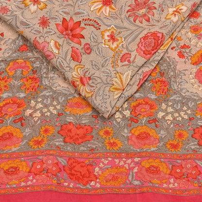 Indian Vintage Sari Brown & Pink Pure Georgette Silk Printed Saree Craft Fabric Sewing 5Yd Soft Light Dress Making Crafting Quilting Upcycle