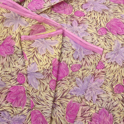 Indian Vintage Sari Pure Chiffon Silk Printed Sarees 5Yd Craft Fabric Sewing Soft Light Sari Dress Making Quilting For Crating