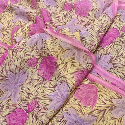 Indian Vintage Sari Pure Chiffon Silk Printed Sarees 5Yd Craft Fabric Sewing Soft Light Sari Dress Making Quilting For Crating