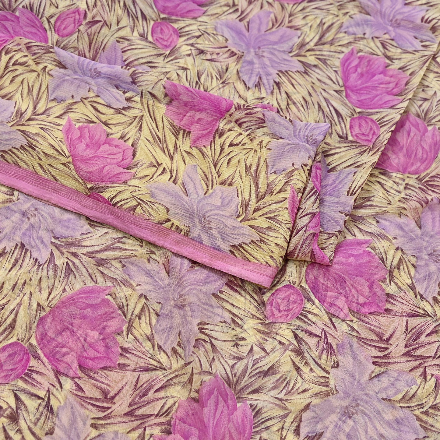 Indian Vintage Sari Pure Chiffon Silk Printed Sarees 5Yd Craft Fabric Sewing Soft Light Sari Dress Making Quilting For Crating