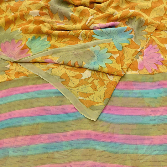 Indian Vintage Sari Pure Georgette Silk Printed Saree Craft Fabric Sewing 5Yd Soft Light Dress Making Crafting Quilting Upcycle