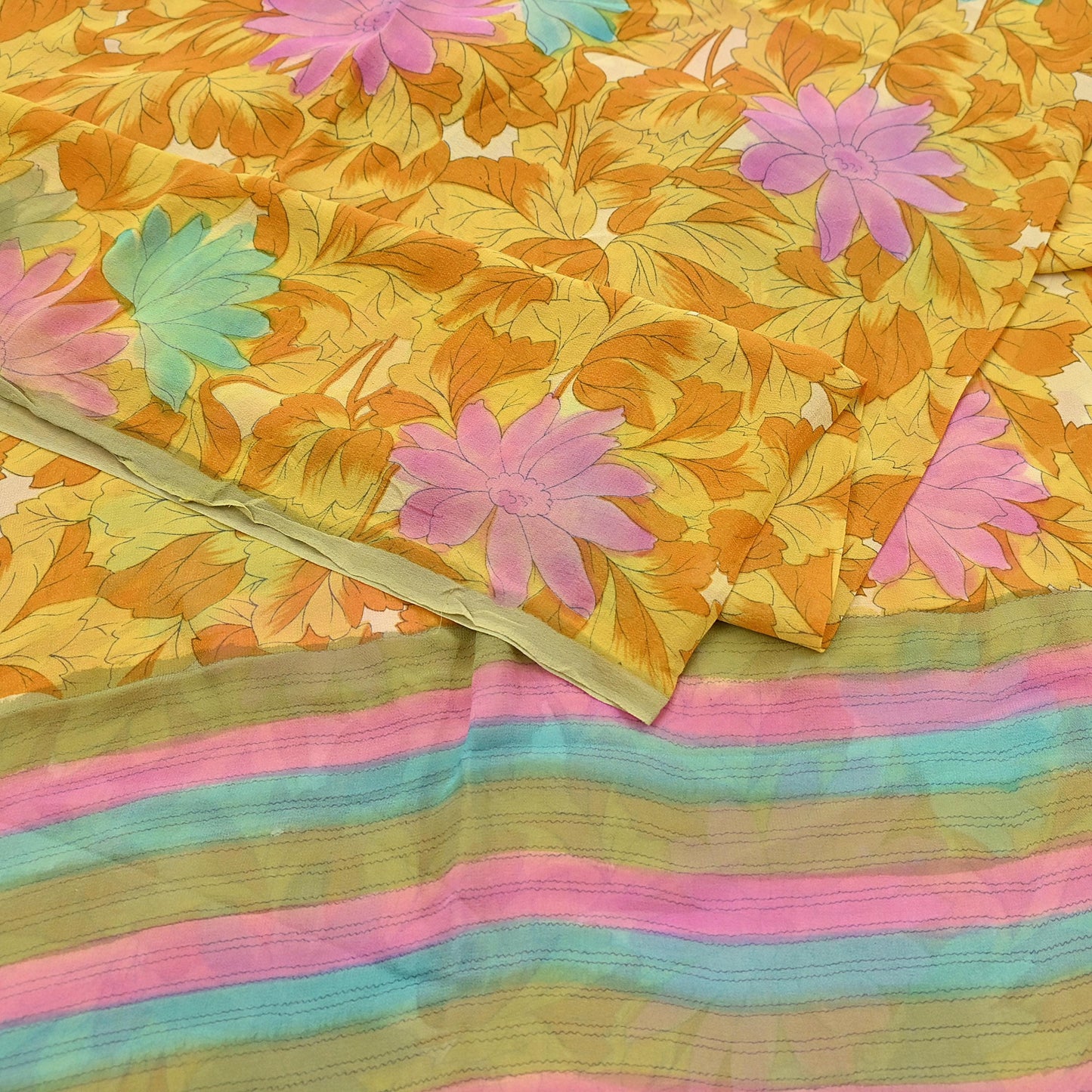Indian Vintage Sari Pure Georgette Silk Printed Saree Craft Fabric Sewing 5Yd Soft Light Dress Making Crafting Quilting Upcycle