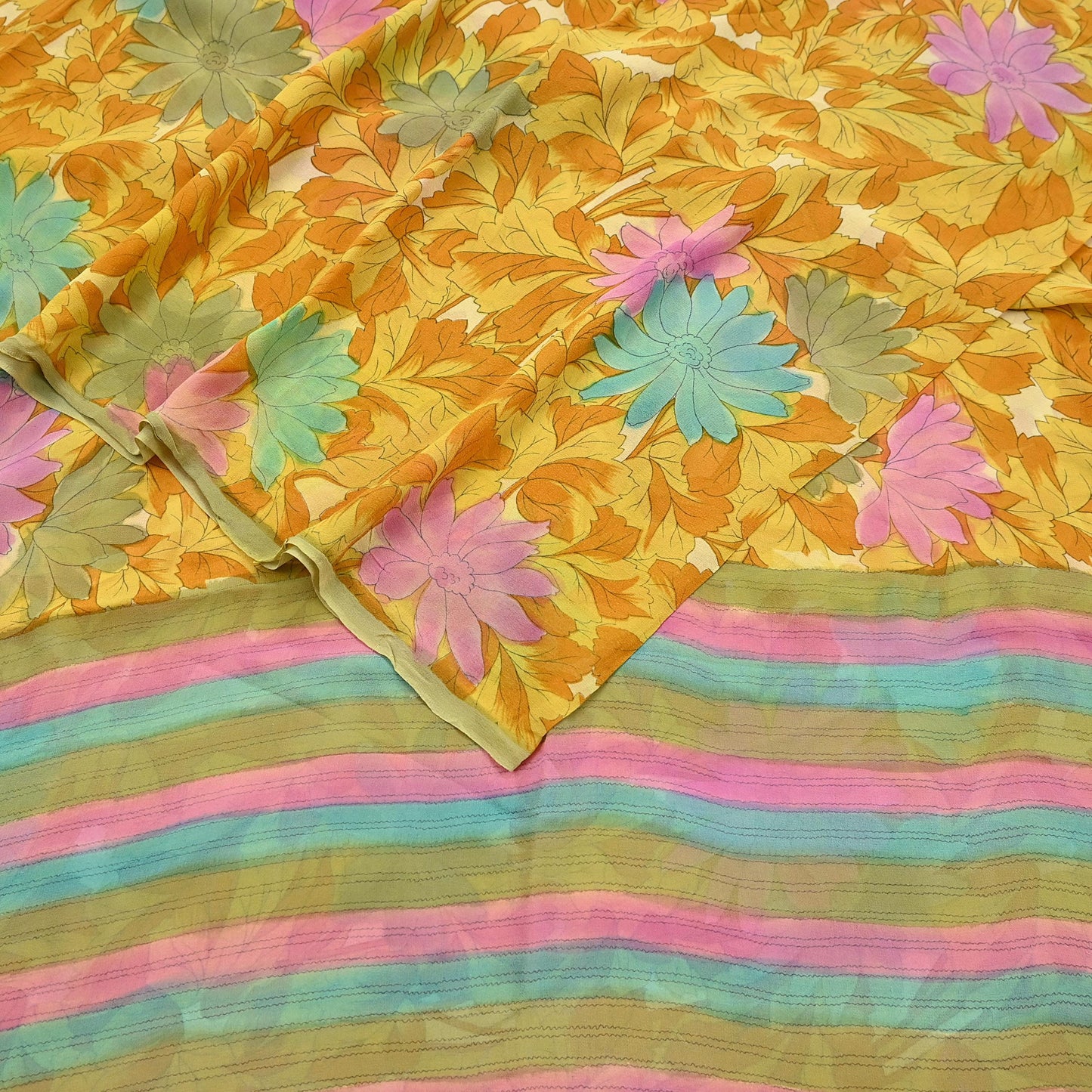 Indian Vintage Sari Pure Georgette Silk Printed Saree Craft Fabric Sewing 5Yd Soft Light Dress Making Crafting Quilting Upcycle