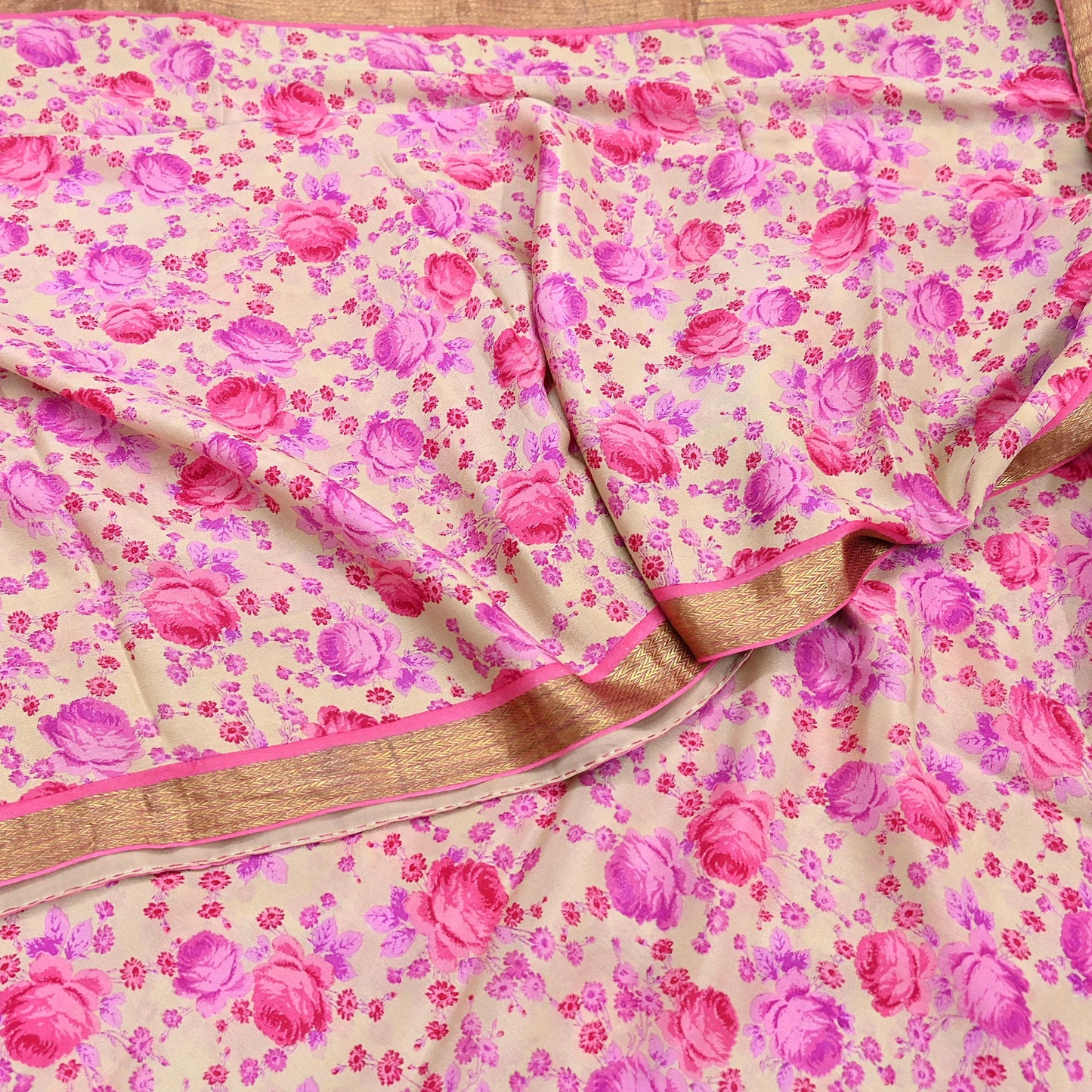 Indian Vintage Sari Beige Printed Pure Silk Sarees 5yd Sewing Craft Fabric Soft Dress Making Upcycle Crafting Quilting Used Zari