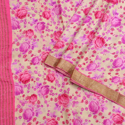 Indian Vintage Sari Beige Printed Pure Silk Sarees 5yd Sewing Craft Fabric Soft Dress Making Upcycle Crafting Quilting Used Zari