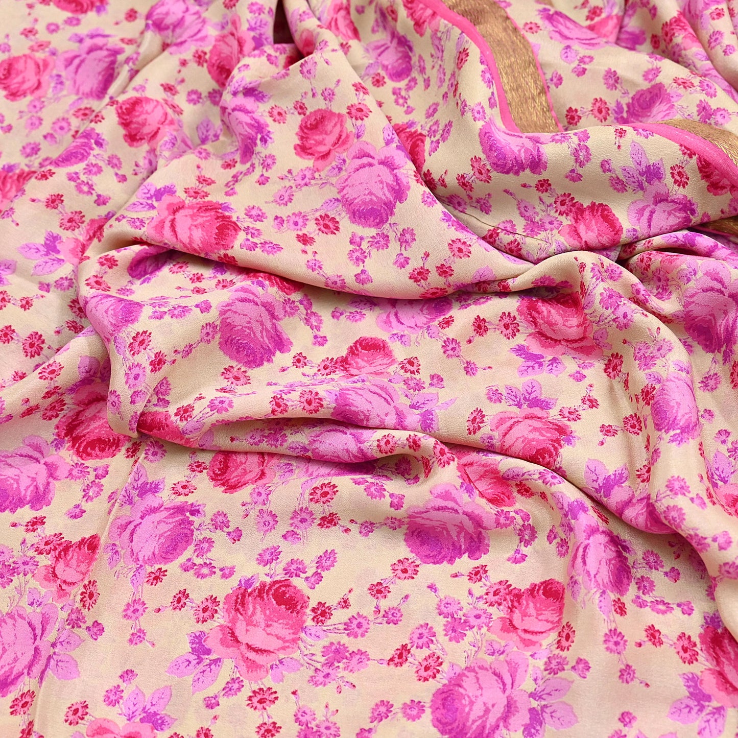 Indian Vintage Sari Beige Printed Pure Silk Sarees 5yd Sewing Craft Fabric Soft Dress Making Upcycle Crafting Quilting Used Zari