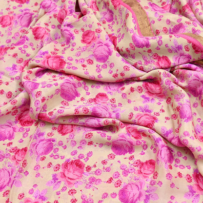 Indian Vintage Sari Beige Printed Pure Silk Sarees 5yd Sewing Craft Fabric Soft Dress Making Upcycle Crafting Quilting Used Zari