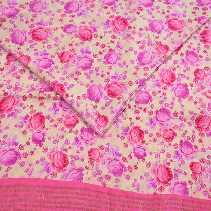 Indian Vintage Sari Beige Printed Pure Silk Sarees 5yd Sewing Craft Fabric Soft Dress Making Upcycle Crafting Quilting Used Zari