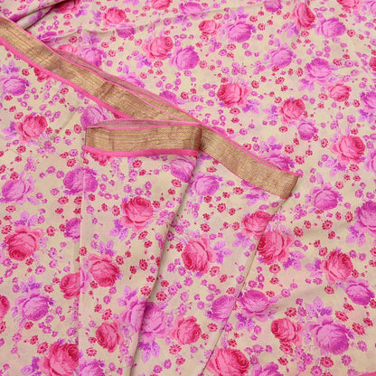 Indian Vintage Sari Beige Printed Pure Silk Sarees 5yd Sewing Craft Fabric Soft Dress Making Upcycle Crafting Quilting Used Zari