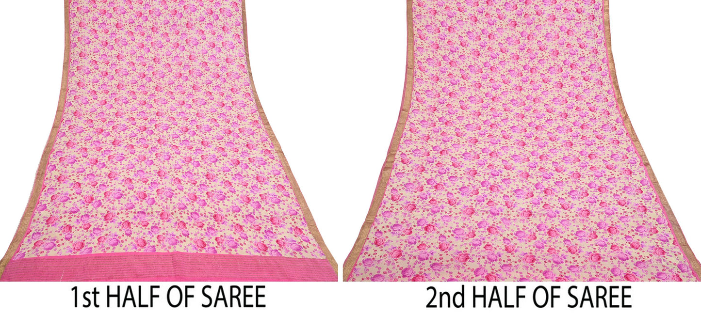 Indian Vintage Sari Beige Printed Pure Silk Sarees 5yd Sewing Craft Fabric Soft Dress Making Upcycle Crafting Quilting Used Zari