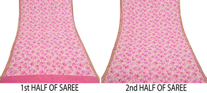 Indian Vintage Sari Beige Printed Pure Silk Sarees 5yd Sewing Craft Fabric Soft Dress Making Upcycle Crafting Quilting Used Zari