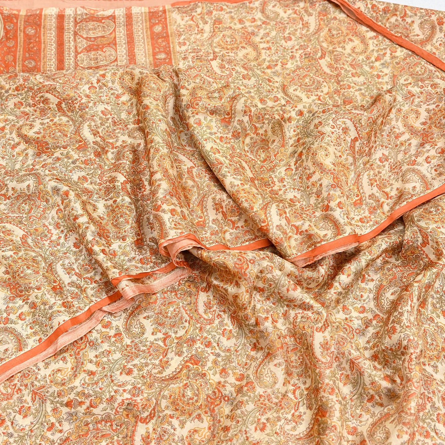 Indian Vintage Sari Beige & Orange Pure Silk Printed Saree Fabric 6yard Sewing Craft Fabric DressMaking Wrap Floral
