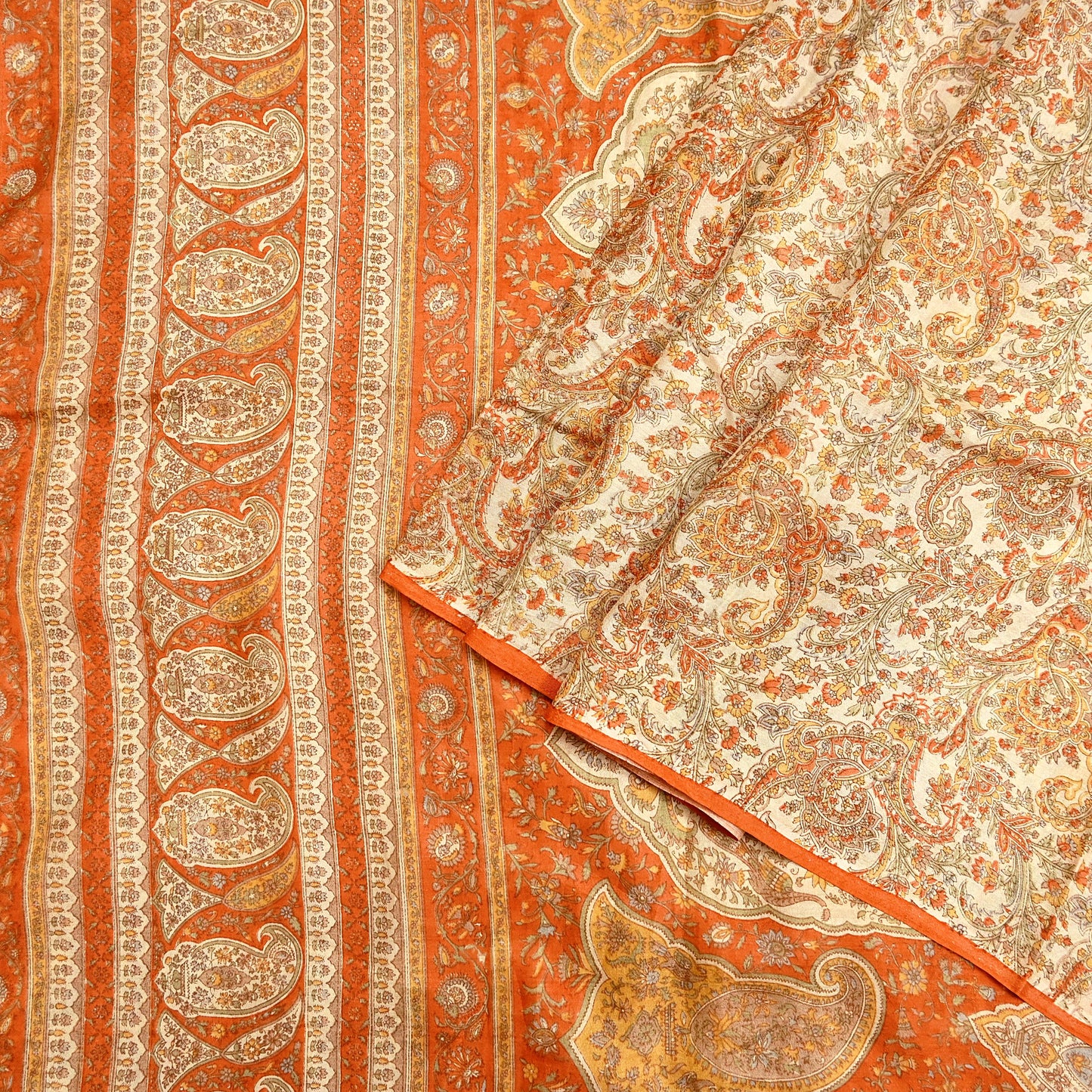 Indian Vintage Sari Beige & Orange Pure Silk Printed Saree Fabric 6yard Sewing Craft Fabric DressMaking Wrap Floral