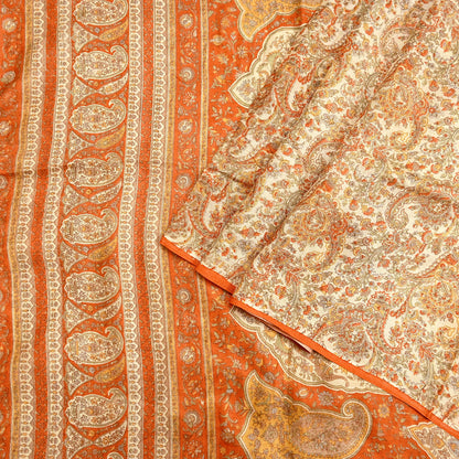 Indian Vintage Sari Beige & Orange Pure Silk Printed Saree Fabric 6yard Sewing Craft Fabric DressMaking Wrap Floral